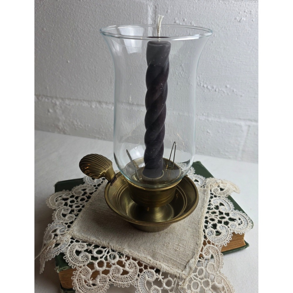 Vintage Penco Industries Brass Chamberstick Candle Holder Shell Handle Hurricane